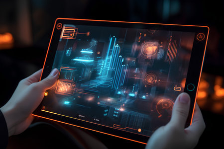 Close-up of hands holding tablet with glowing HUD interface. 3D renderingの素材