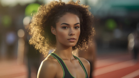 Portrait of a beautiful african american woman with afro hairstyle. Sport concept.の素材