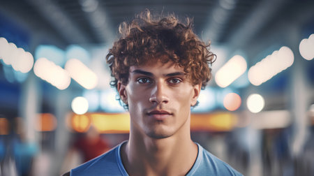 Portrait of a handsome young man with curly hair at the airportの素材
