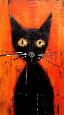Black cat on orange grunge wall. Grunge background.の素材