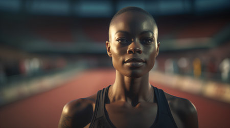 Portrait of a black female athlete standing in a track and fieldの素材