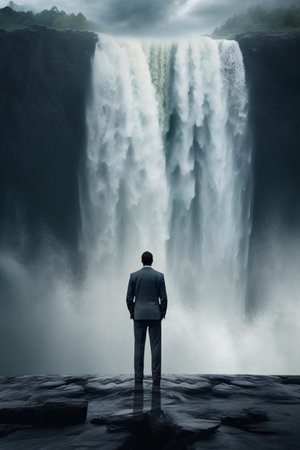 Businessman standing on the edge of a cliff and looking at the waterfallの素材
