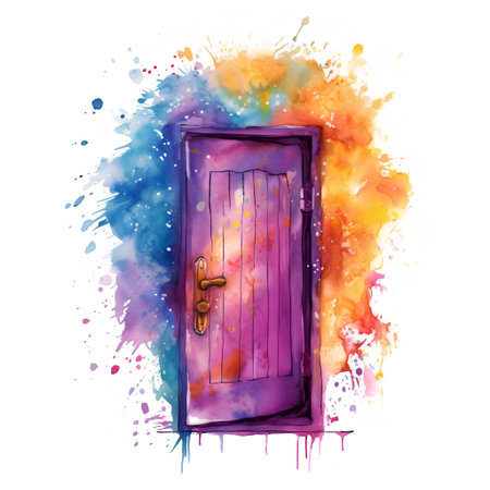 Hand drawn watercolor illustration of closed wooden door with colorful splashesの素材