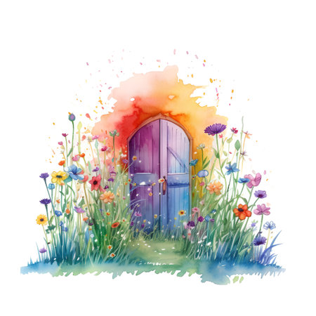 Watercolor illustration of a door with flowers on a white background.の素材