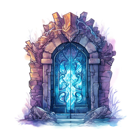 Hand drawn illustration of a medieval door in the style of watercolor.の素材