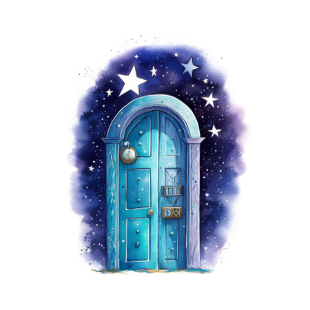 Hand drawn watercolor illustration of a blue wooden door with stars.の素材
