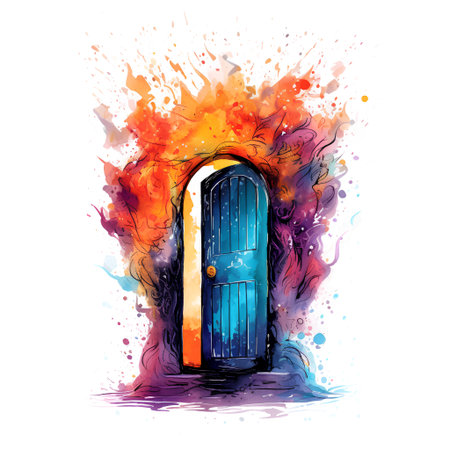 Vector hand drawn illustration of closed door with watercolor splashes.の素材
