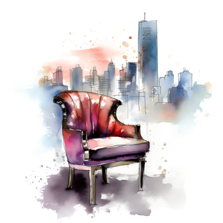 Comfortable armchair on the background of the city. Watercolor illustrationの素材