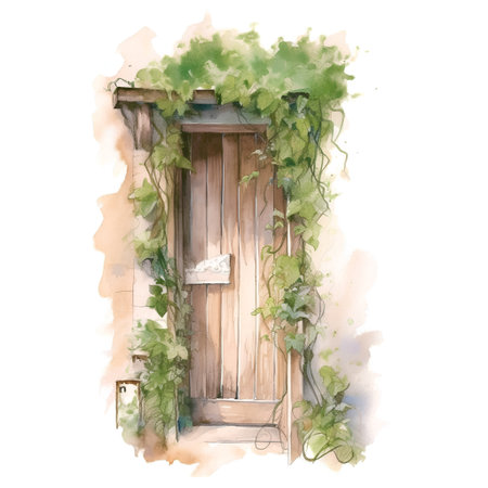 Watercolor illustration of an old wooden door with ivy on itの素材