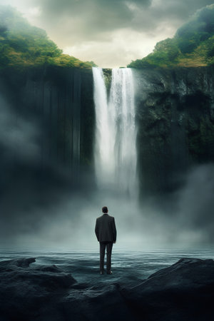 Businessman looking at waterfall in the mist. 3D Renderingの素材