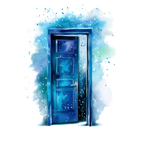 Blue door with watercolor splashes on white background. Watercolor illustration.の素材