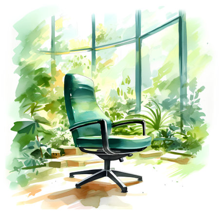 Green office chair in the garden. Watercolor painting. Vector illustrationの素材