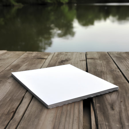 Blank paper on wooden deck near the river. Selective focus.の素材