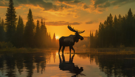 Silhouette of a moose at sunset. 3d renderの素材