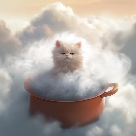 Cute persian kitten sitting in a pot in the clouds.の素材