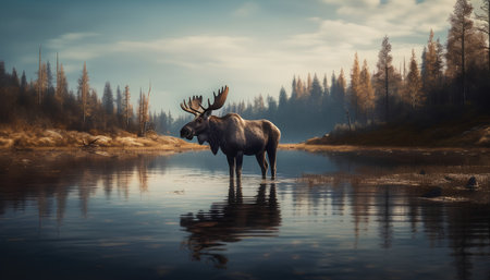 Moose in the river. 3d illustration. Nature composition.の素材