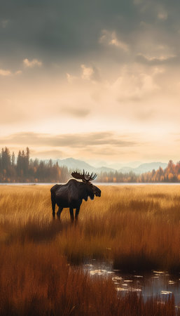Moose in the meadow at sunset. Autumn landscape. 3d renderの素材