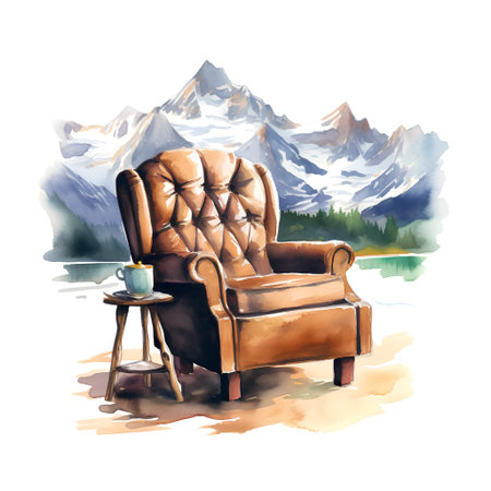 Comfortable armchair in the mountains. Watercolor hand drawn illustrationの素材