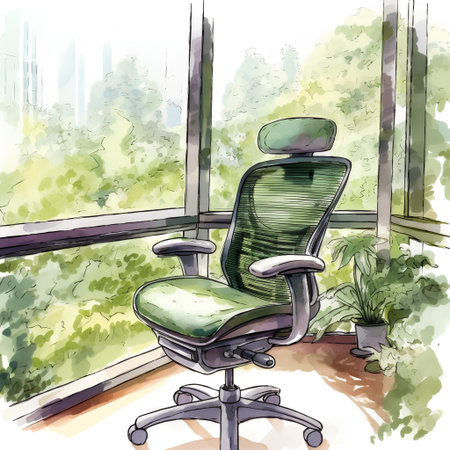 Illustration of a green office chair in front of a window.の素材