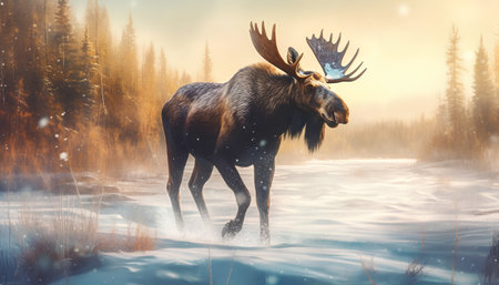 Moose in the winter forest. 3d render. Winter landscape.の素材