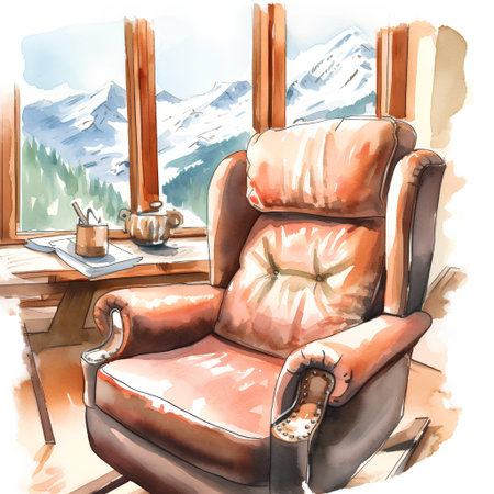Watercolor illustration of an armchair near the window with a view on the mountainsの素材