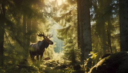 Moose in the forest at sunset. Animal in the nature habitatの素材