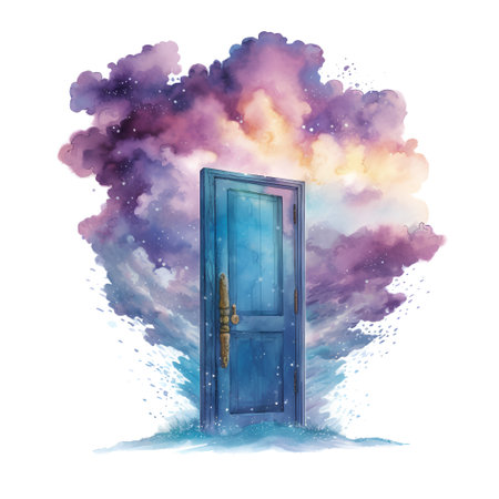 Watercolor illustration of a door in the sky with clouds and stars.の素材
