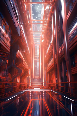 Futuristic corridor with glowing lights, 3d rendering toned imageの素材