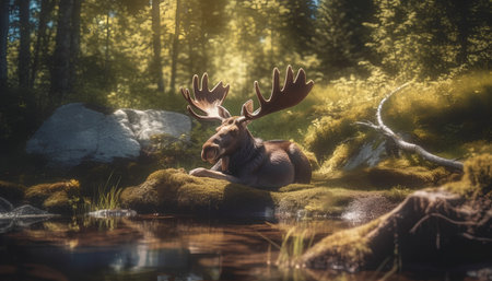 Moose in the forest. Wildlife scene. 3D rendering.の素材
