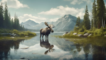 Moose in the lake with mountains and forest in the background.の素材