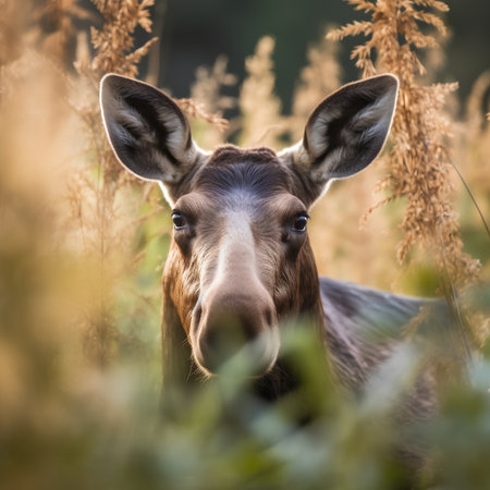 Female elk in the field of grass, close-up.の素材