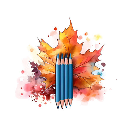 Watercolor pencils and autumn leaves on white background. Vector illustration.の素材