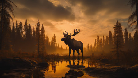 Silhouette of elk in the forest at sunset. 3d renderの素材