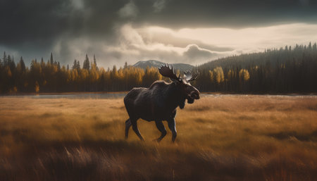 Moose in the field. 3D render. Nature composition.の素材