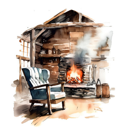 Hand drawn watercolor illustration of a cozy country house with a fireplace.の素材