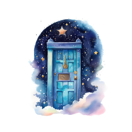 Watercolor illustration of a blue door in the night sky with stars.の素材