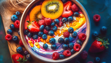 Healthy breakfast bowl with oatmeal, berries and fruits on dark background, top viewの素材
