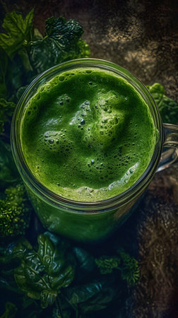 Green smoothie in a glass cup on a dark wooden background.の素材