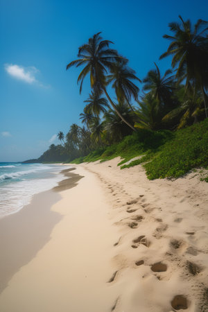 Tropical beach with coconut palm trees and footprints in the sandの素材