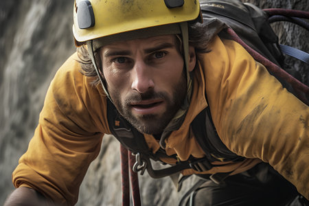 Portrait of a male climber in a helmet and protective equipment.の素材