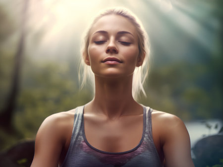 Portrait of a beautiful young woman with closed eyes in the forestの素材