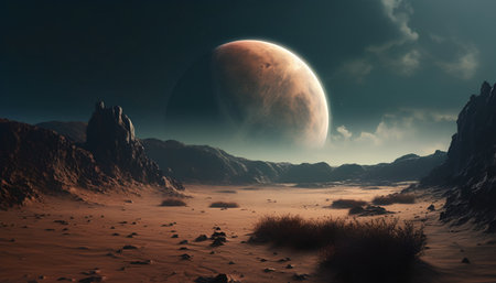 Fantasy alien planet. Mountain and moon. 3D illustration.の素材