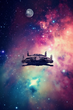 Alien spaceship in deep space. 3D rendering. Elements of this image furnished by NASAの素材