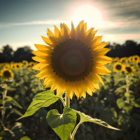 Sunflower in the field at sunset. Shallow depth of fieldの素材