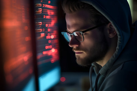 Portrait of a hacker in a hood and glasses looking at the monitor with binary code.の素材