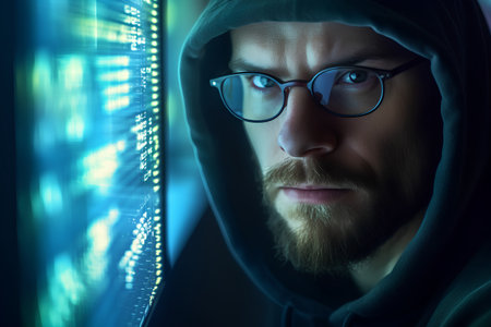 Portrait of a bearded hacker in a hood on a dark background.の素材