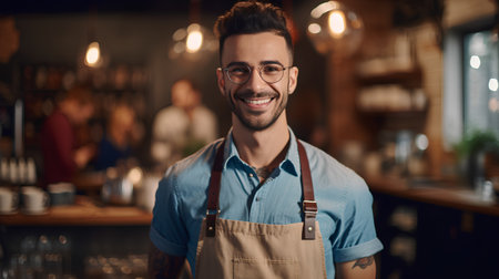 Portrait of handsome young man in apron and eyeglasses standing at bar counter.の素材