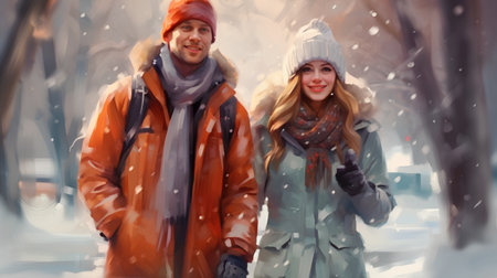 Happy young couple walking in the city street under the snowfall in winterの素材