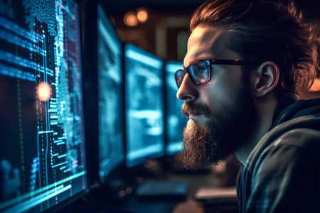 Side view of a bearded hacker in eyeglasses looking at the screen of a computer while working in a dark office.の素材