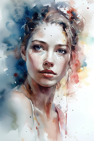 Watercolor portrait of a beautiful young woman with creative make-up.の素材